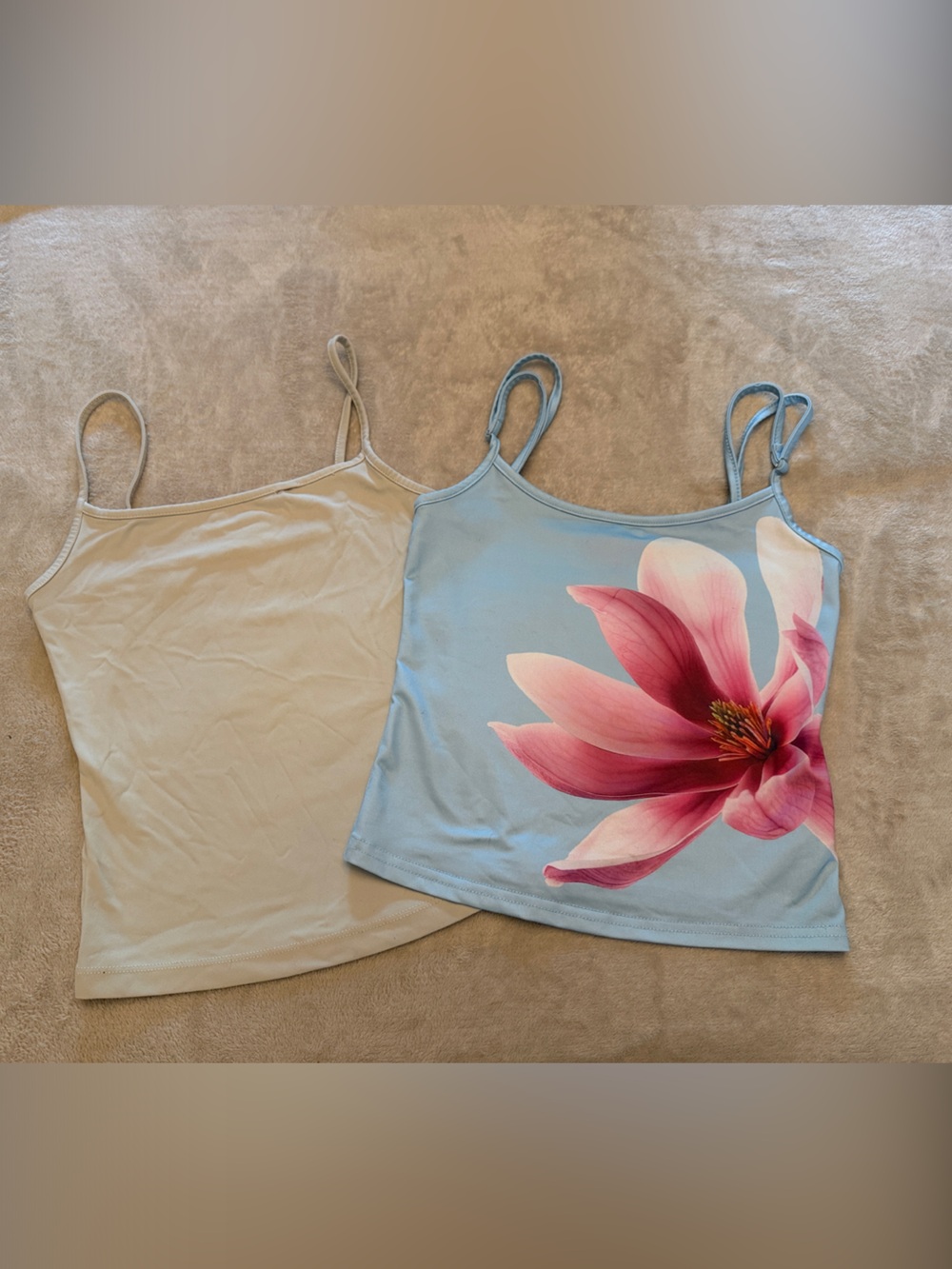 Edikted Light Blue Cami with Pink Floral Graphic and Garage beige cami bundle